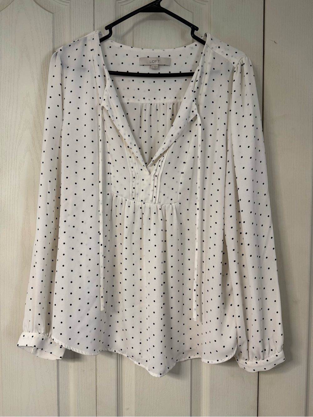 LOFT White Polka Dot V-Neck Long Sleeve Blouse
